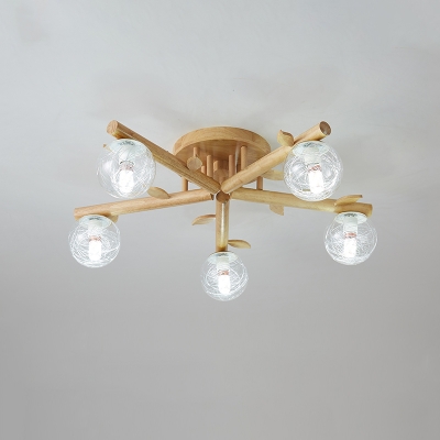 Clear Glass Ball Close to Ceiling Lamp Modern 3/5/8-Head Wood Semi Flush Light with Carved Leaf Deco