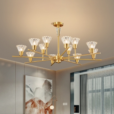 Clear Hand-Blown Glass Cone Chandelier Postmodern 6/8/12 Bulbs Dining Room Hanging Light Kit in Brass