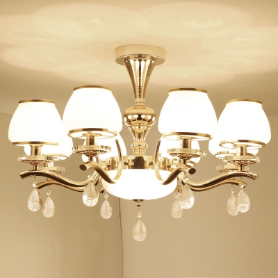 Contemporary Tapered Hanging Light White Glass 8/10/15-Bulb Bedroom Up Chandelier with Crystal Deco