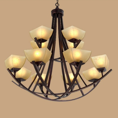 Copper Finish Curved Hanging Light Farmhouse Metal 4/6/8-Bulb Dining Room Chandelier with Bowl Beige Glass Shade