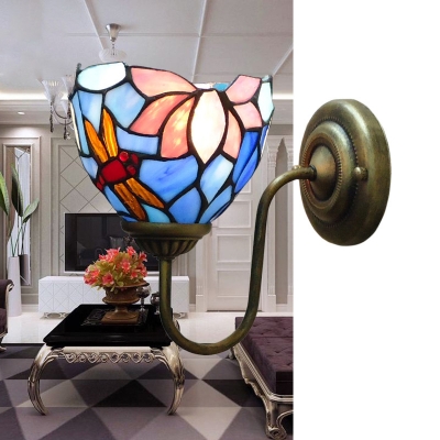Dragonfly and Lotus Wall Light Fixture Tiffany Stained Glass 1-Light Brass Wall Mounted Lamp with Scrolling Arm
