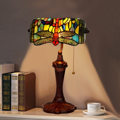 Dragonfly Patterned Stained Glass Banker Light Tiffany 1 Bulb Blue Adjustable Table Lamp with Pull-Cord Switch
