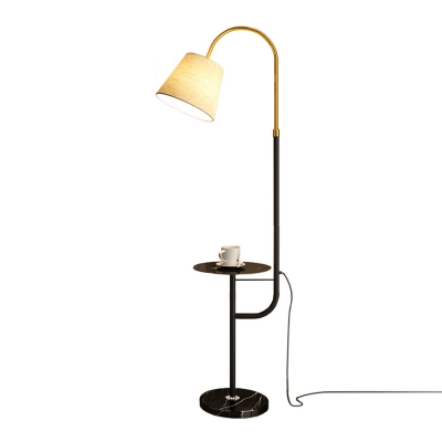Fabric Conic Floor Light Nordic 1-Light Gold and Black Gooseneck Standing Lamp with Tray