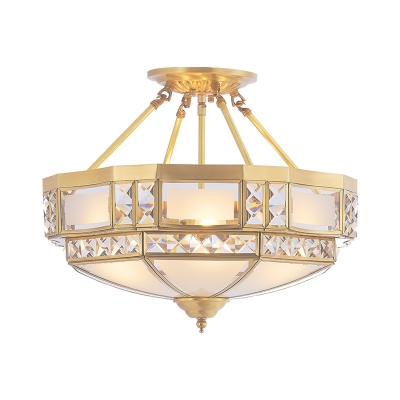 Gold Basket Flush Chandelier Vintage Handcrafted Frosted Glass 4-Head Bedroom Flushmount/Downrod Ceiling Light