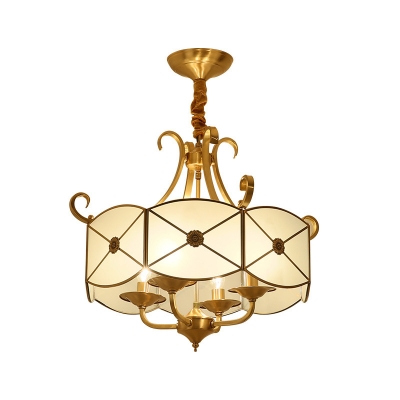 Gold Candle Pendant Chandelier Traditional Metal 4 Bulbs Dining Room Ceiling Hang Light with Wave-Trimmed Frost Glass Shade
