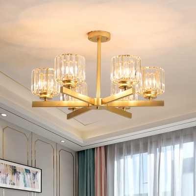Gold Radial Chandelier Contemporary Metal 3/6/8 Lights Living Room Ceiling Pendant with Cylinder Crystal Shade