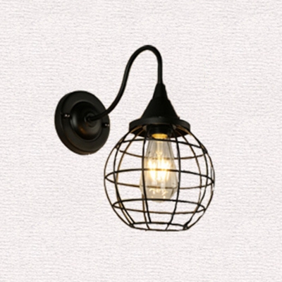 Iron Sphere Cage Wall Lamp Industrial-Style 1 Head Dining Room Gooseneck Wall Mount Lighting in Black/Rust