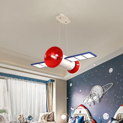Kid Space Station Pendant Lamp Acrylic Boys Bedroom LED Hanging Chandelier in Blue-Red, Warm/White/3 Color Light