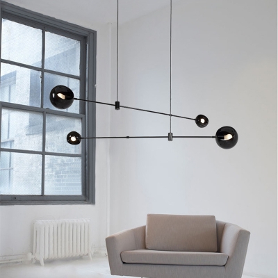 Linear Dining Room Chandelier Lamp Iron 2/4/6-Bulb Postmodern Hanging Lamp with Dome Shade in Black