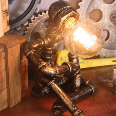 Metal Water Pipe Man Night Lamp Steampunk Style 1 Head Bedroom Table Light in Brass