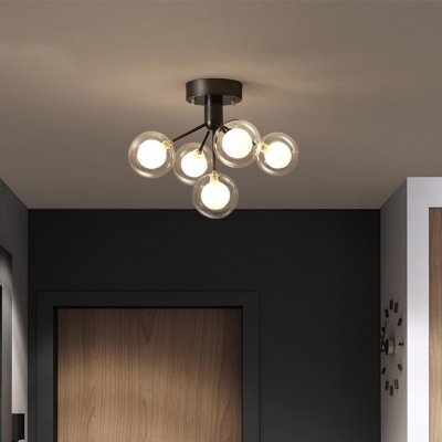 Nordic 5 Bulbs Semi Flush Mount Black/Brass Firefly Ceiling Light with Double Ball Glass Shade