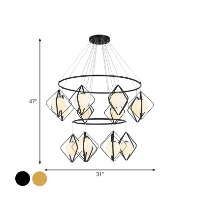 Postmodern Diamond Shaped Pendant Light Milk Ball Glass 5/8/14-Head Living Room Multiple Hanging Lamp in Black/Gold