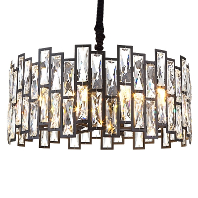 Rectangular-Cut Crystal Round Drop Lamp Postmodern Style 8/12/14-Light Black Ceiling Chandelier, 19.5