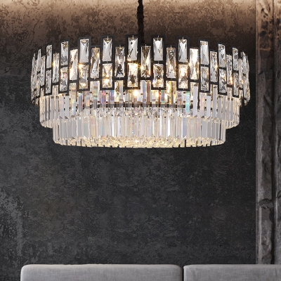 Round/Rectangle Tiered Chandelier Lighting Contemporary Faceted Clear Crystal Prism 8/10/15 Bulbs Black Small/Large Suspension Lamp