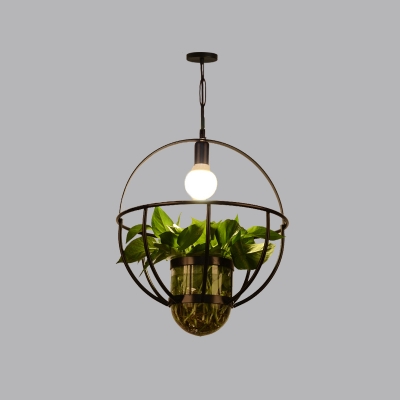 Single Round/Square/Basket Shaped Pendant Country Style Black Iron Ceiling Hang Lamp with Clear Glass Pot