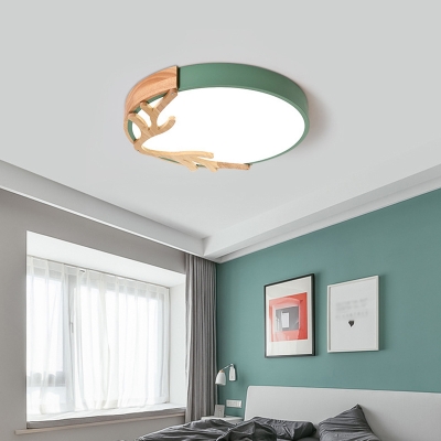 Small/Large Nordic Round Ceiling Lighting Acrylic Bedroom LED Flush Mounted Lamp in Grey/White/Green with Wood Antler Decor