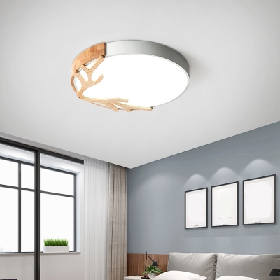 Small/Large Nordic Round Ceiling Lighting Acrylic Bedroom LED Flush Mounted Lamp in Grey/White/Green with Wood Antler Decor