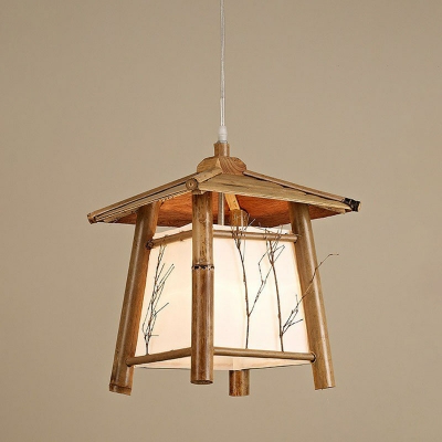 Temple Shaped Restaurant Hanging Lamp Bamboo 1 Bulb Japanese Style Ceiling Pendant Light in Wood