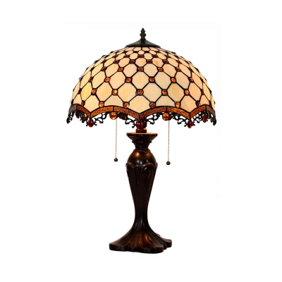White Beaded Net Table Lamp Mediterranean 2-Bulb Cut Glass Nightstand Light with Filigree and Pull Chain