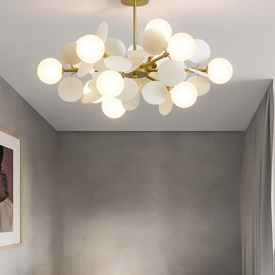 White Multi-Circle Chandelier Light Stylish Modern 10/15-Head Metal Hanging Pendant with Ball Milk Glass Shade