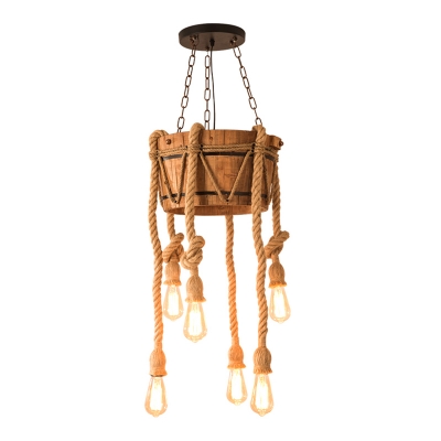 Wood Barrel/Bucket Pendant Light Kit Rustic 3/6/7-Light Dining Room Ceiling Chandelier with Dangling Rope in Beige