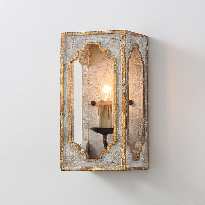 Wood Box Flush Wall Sconce Vintage 1 Bulb Kitchen Wall Mounted Lamp in Light Grey
