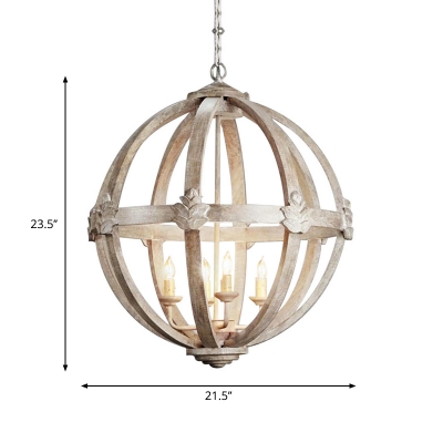 Wood Distressed White Chandelier Candle/Globe/Lantern 3/4/6-Head Rustic Hanging Pendant for Living Room