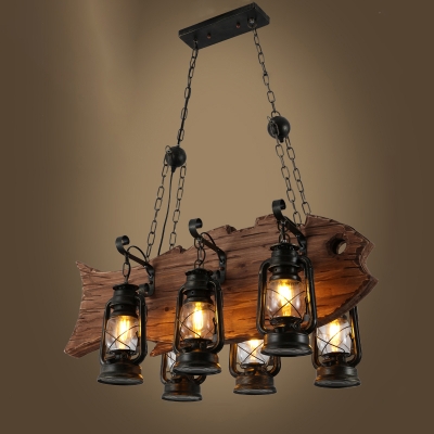 Wood Fish Chandelier Lamp Nautical 6-Light Dining Room Hanging Pendant with Kerosene Lampshade in Black