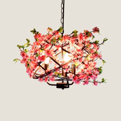 Wrought Iron Pink Pendant Lighting Strap Globe 4-Light Rustic Cherry Chandelier Light