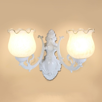 1/2-Bulb Flowerbud Shaped Wall Light Vintage White/Bronze/White-Gold Frosted Glass Wall Mounted Lamp for Living Room