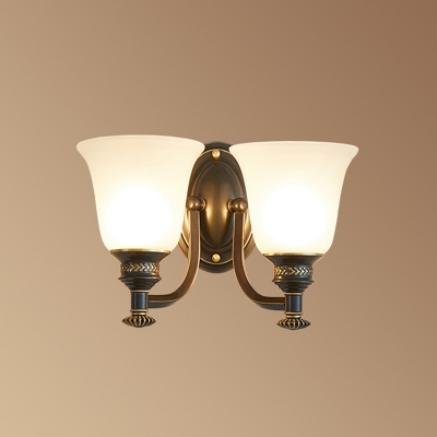 1/2-Head Bell Wall Lamp Fixture Traditional Brass White Glass Wall Mounted Light Fixture