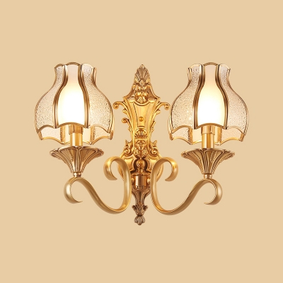 1/2-Head Wall Sconce Colonial Flower-Like Frosted and Water Glass Wall Mounted Light in Gold