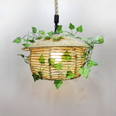 1 Head House Shaped Drop Pendant Rustic Beige Hemp Rope Hanging Light with Decorative Ivy