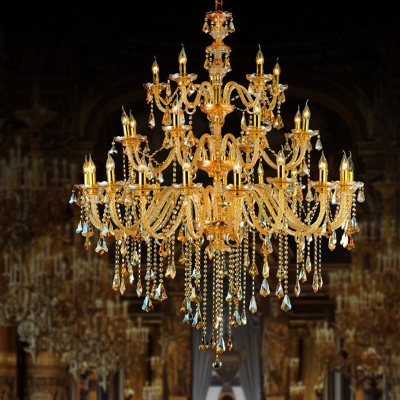 24-Head Crystal Chandelier Traditional Glam Gold 3-Tiered Candle Hotel Ceiling Hang Light, 47