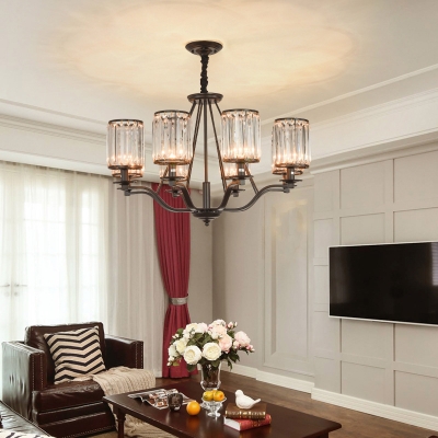 3/6/8-Head Clear Crystal Prism Chandelier Black Cylindrical Dining Room Hanging Ceiling Light