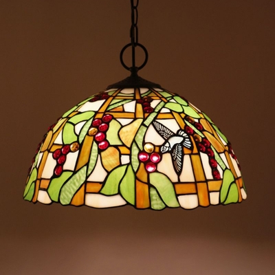 3 Bulbs Pendant Light Tiffany Morning Glory/Grape/Sunflower Patterned Dome Stained Glass Hanging Lamp in Black with/without Pull Chain