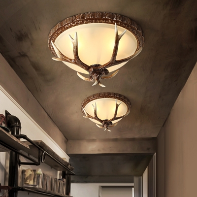 3-Light Flush Mount Lamp Rustic Bowl Frosted Glass Flush Ceiling Light with Antler Accent in Brown
