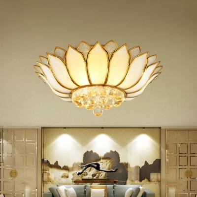 4/6 Heads Lotus Blossom Flushmount Light Traditional Brass Frosted White Glass Ceiling Lighting with Crystal Bottom