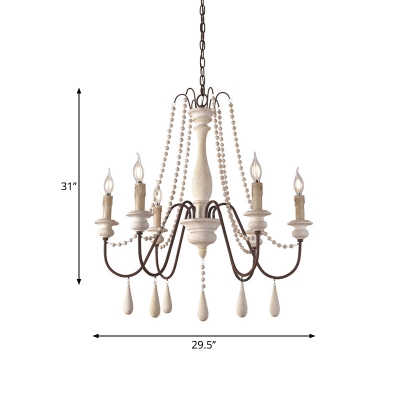 6-Bulb Chandelier Light Fixture Lodge Candlestick Wooden Pendant Lamp in Distressed White