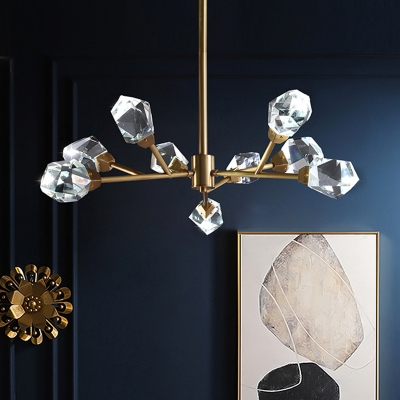 9/12/15-Light Beveled Crystal Ceiling Hang Lamp Postmodern Brass Branchlet Living Room Chandelier
