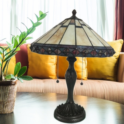 Beige Glass Conic Pull Chain Table Light Craftsman Single Black Night Lamp for Living Room