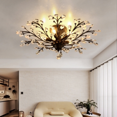 Black/Brass Branch Flush Light Country Crystal 4/5-Bulb Living Room Semi Flush Mount Ceiling Fixture