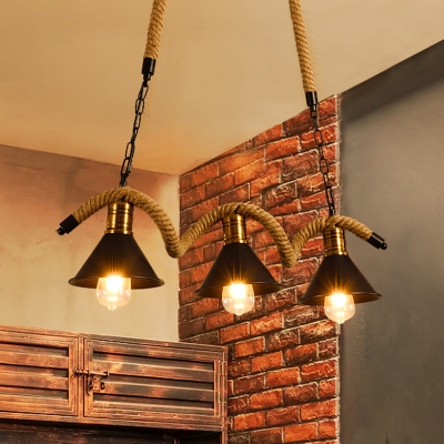 Black Cone/Cage Island Light Industrial Iron 3/5 Bulbs Wine Bar Ceiling Suspension Lamp with Rope Detail