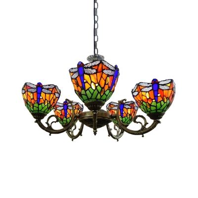 Blue Dragonfly Chandelier Tiffany 5 Lights Stained Art Glass Hanging Light Fixture