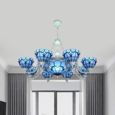 Blue Glass Bowl Chandelier Mediterranean 5-Head White Ceiling Hang Light for Living Room