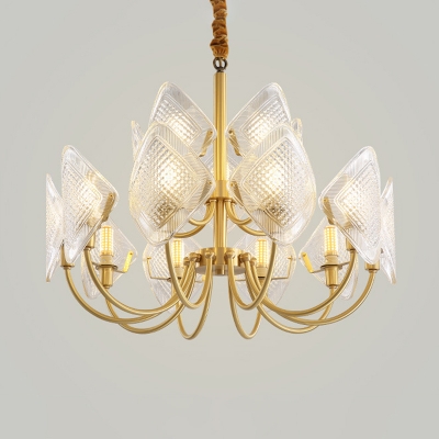 Brass 2 Tiers Pendant Lamp Postmodern Curved Glass Panel 12/15/18-Head Living Room Chandelier