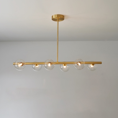 Brass Linear Island Light Fixture Postmodern 3/5/6-Head Clear/Cream Ball Glass Hanging Ceiling Light