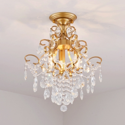 Brass Swirling Flush Ceiling Light Traditional Metal 3/8/12-Head Bedroom Flushmount Lighting with Crystal Drape