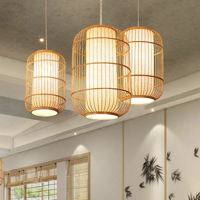 Chinese Style 1 Head Pendant Lamp Wood Elliptical Lantern Ceiling Light with Bamboo Shade, Small/Medium/Large