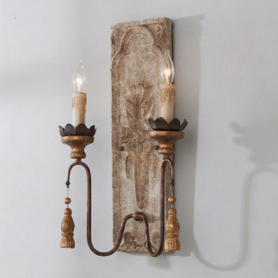 Country Candlestick Wall Sconce 2 Bulbs Wooden Wall Light Fixture in Distressed White